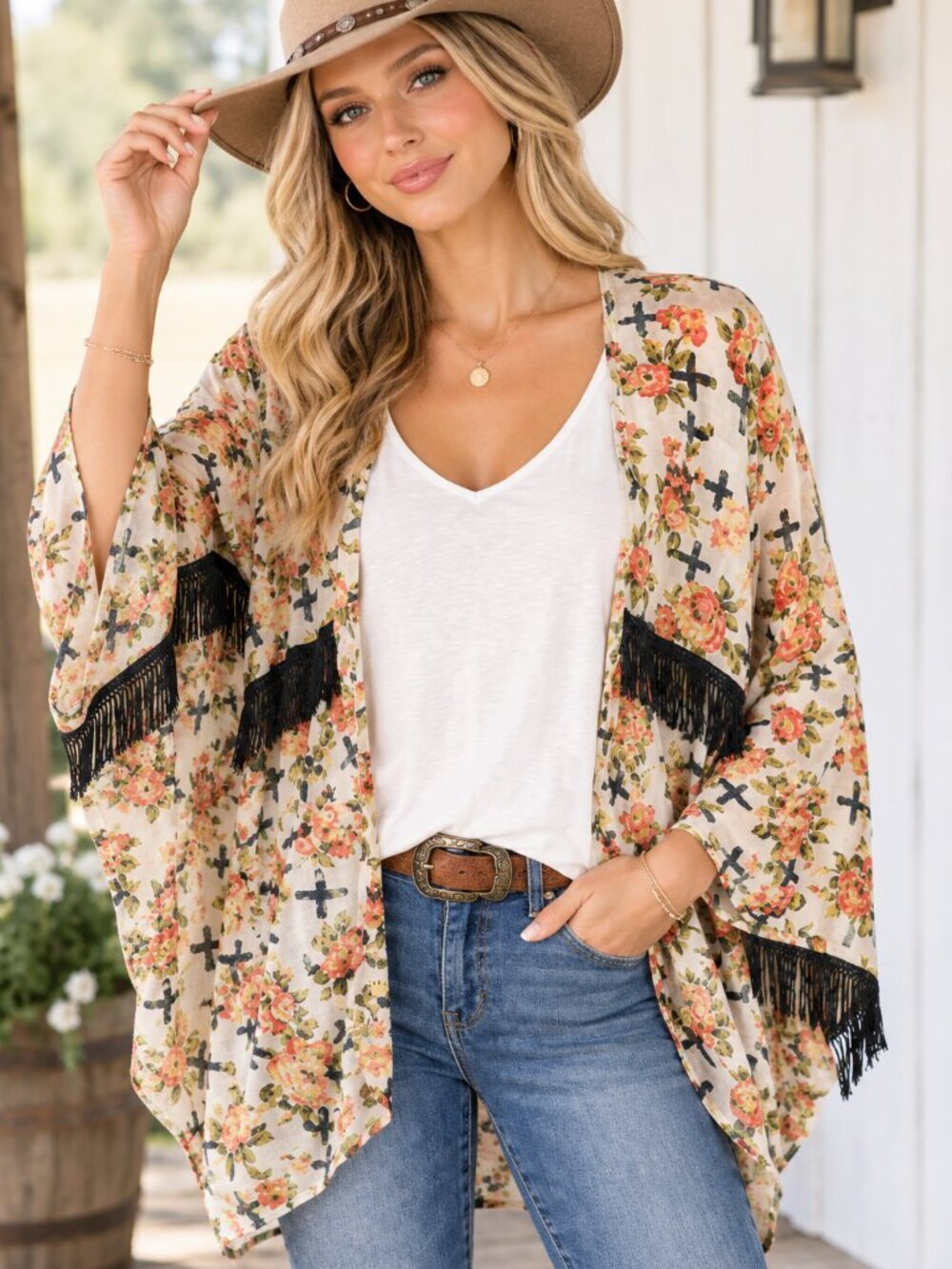 Ivy Jane Cardigan One Size Kimono Open Front Layer Fringe Floral Cottage Boho